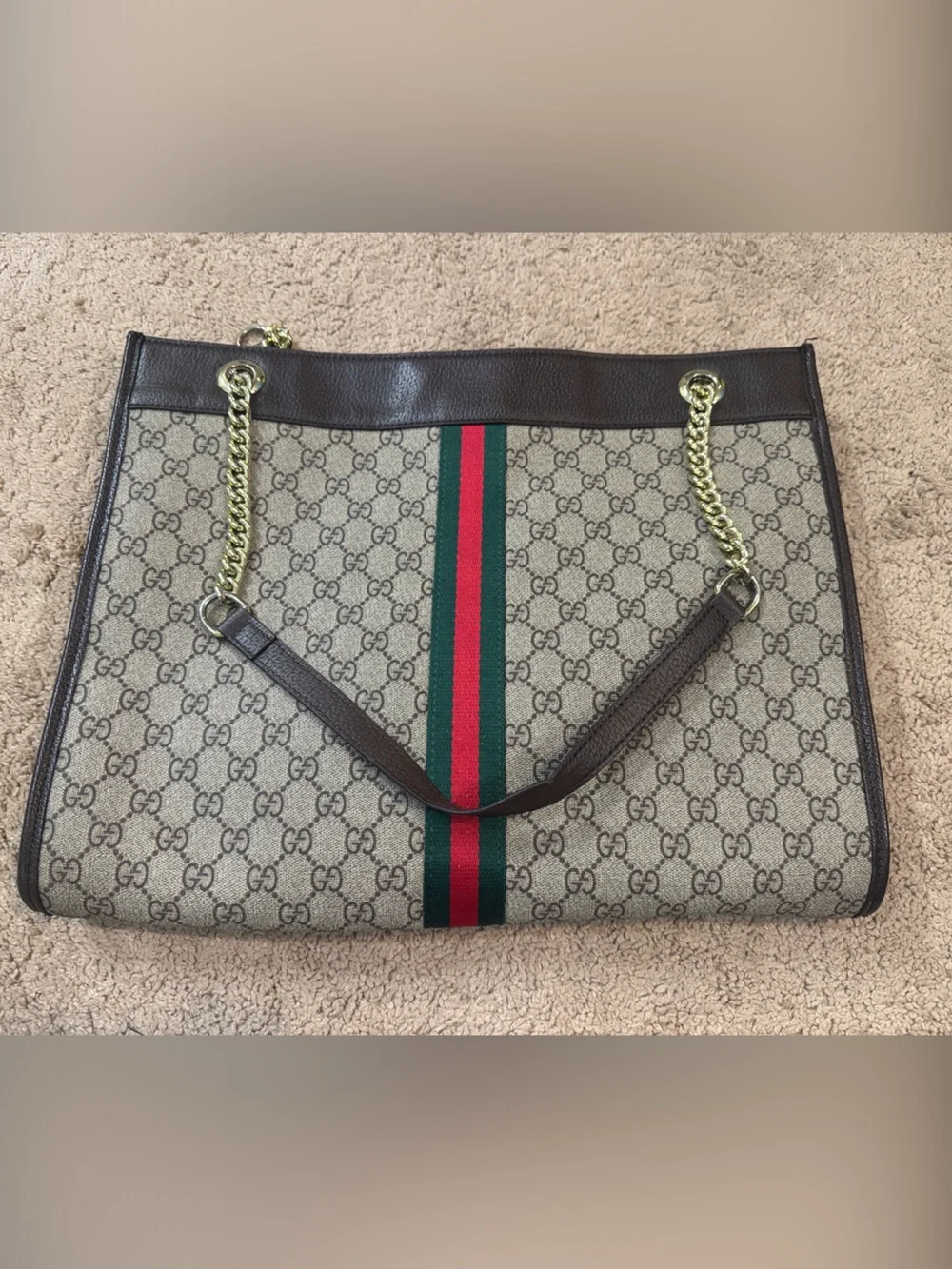 Canvas Tote with Green-Red Stripe and Gold Chain - Picture 2 of 7